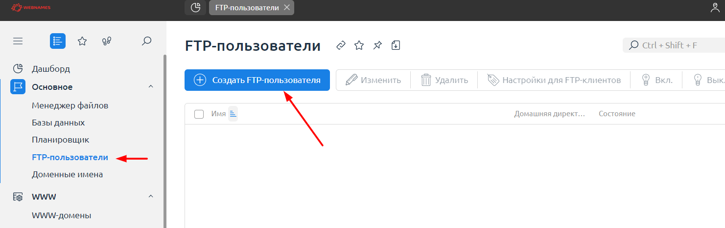 Создание FTP-пользователя в панели управления хостингом