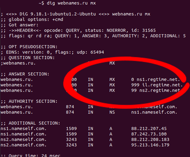 Результат выполнения dig webnames.ru mx