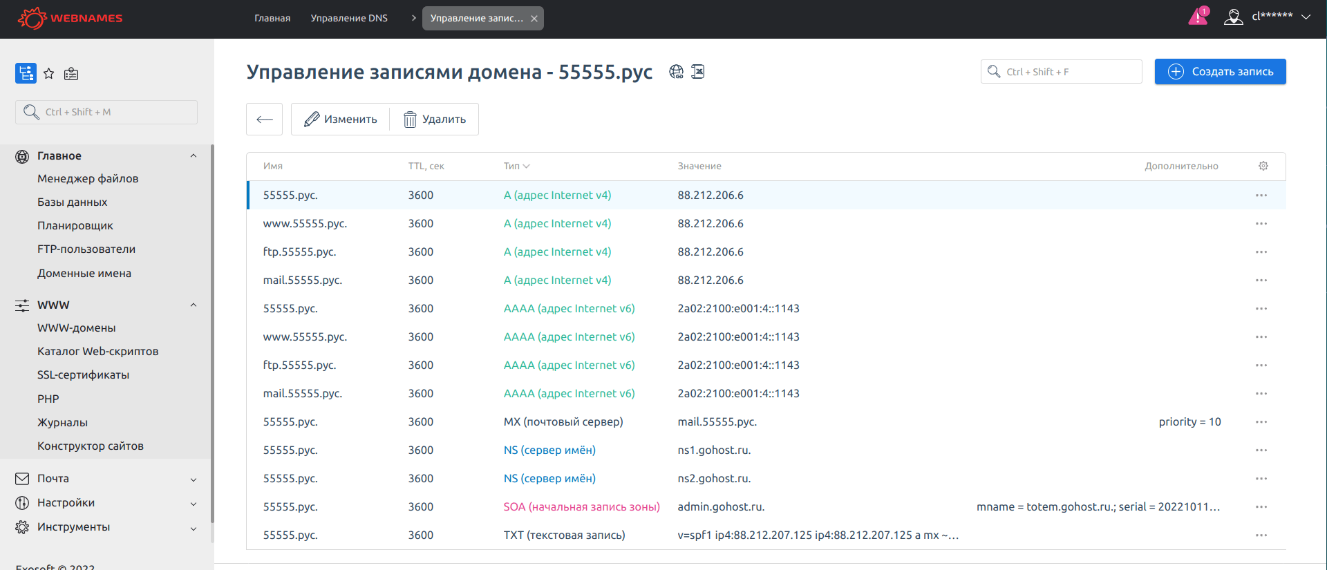 Список DNS-записей