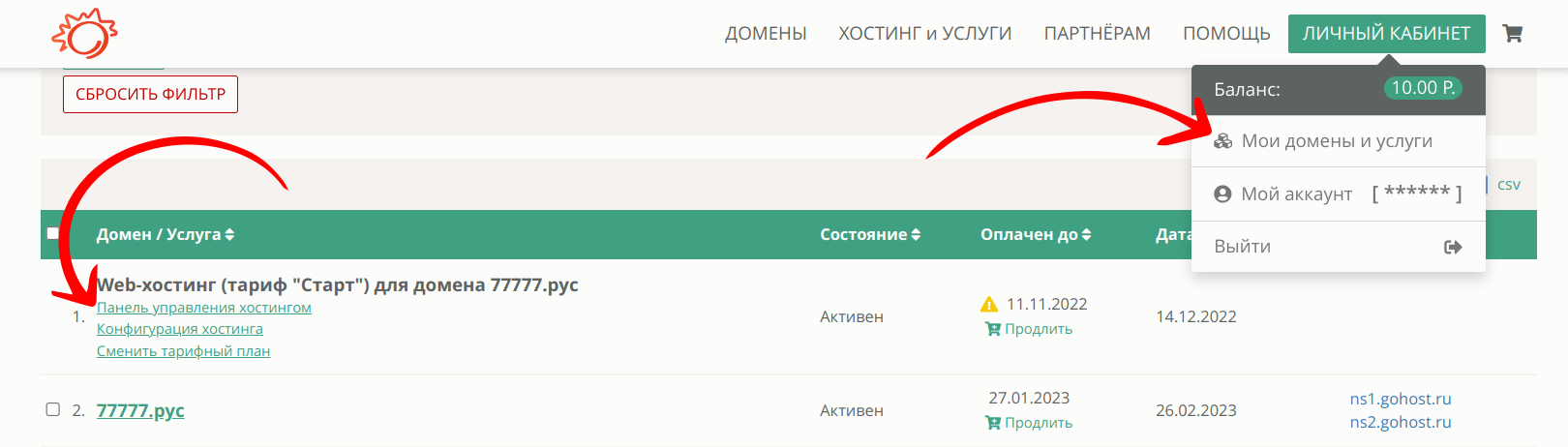 Мои домены и услуги