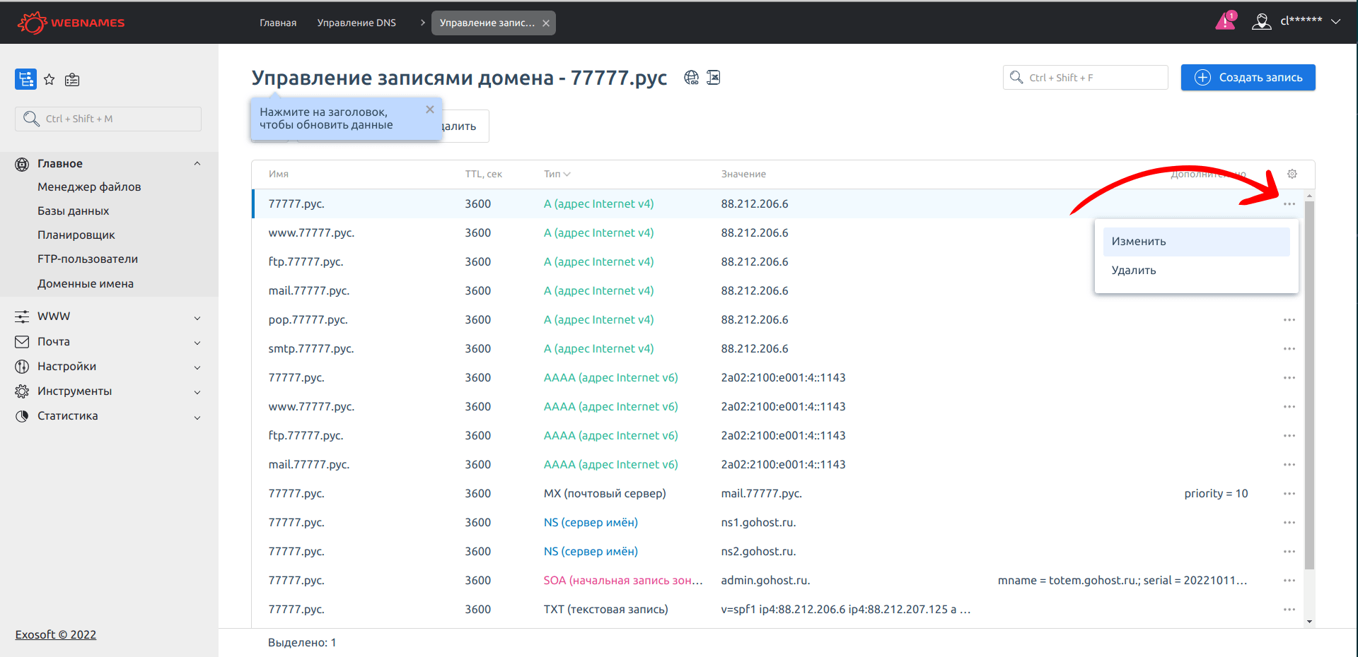 Изменение DNS-записей