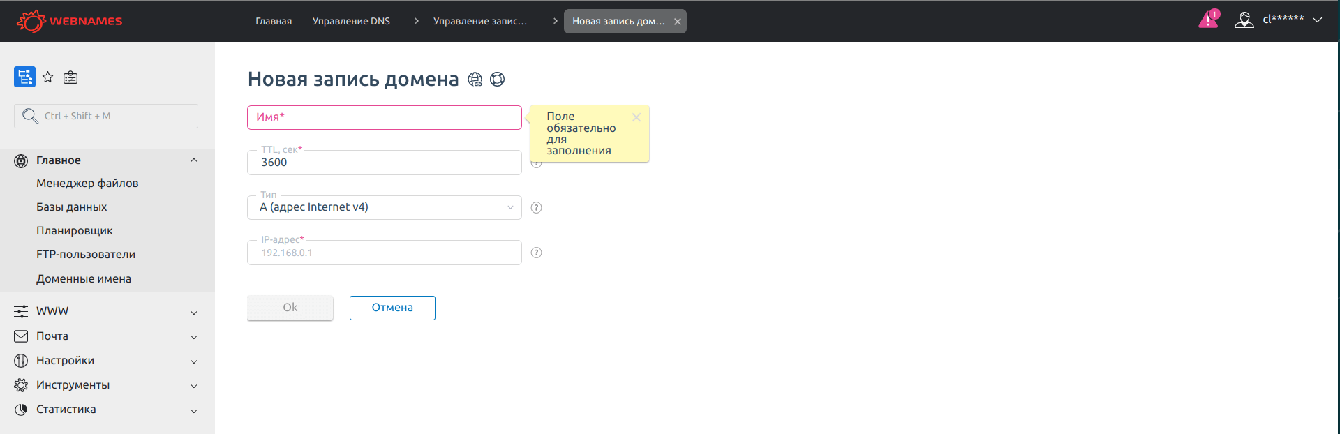 Форма добавления DNS-записи