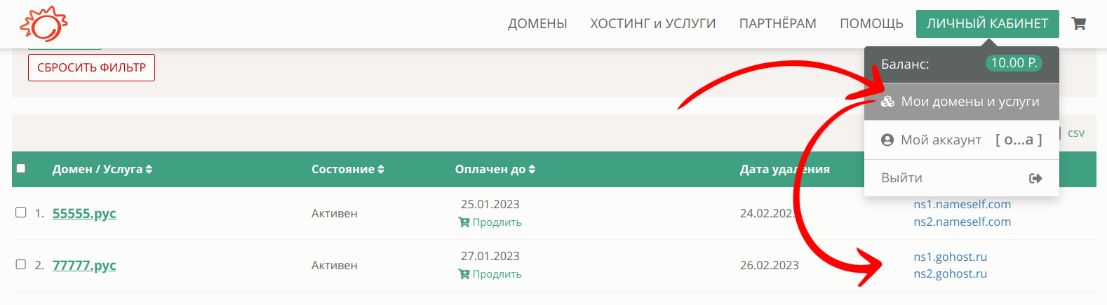DNS-серверы домена в Личном кабинете webnames.ru